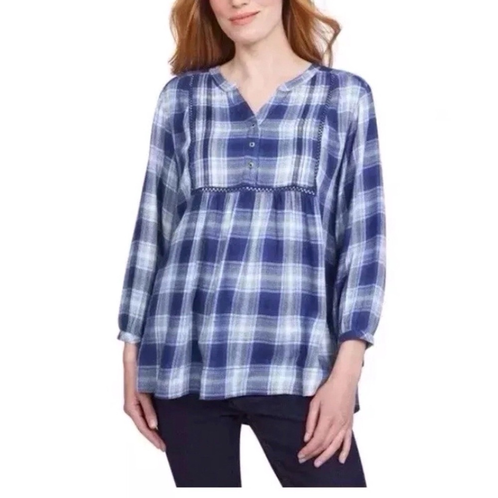 Wrangler Women’s L Blue Plaid Blouse 3/4 Sleeve Western Flannel coastal cowgirl